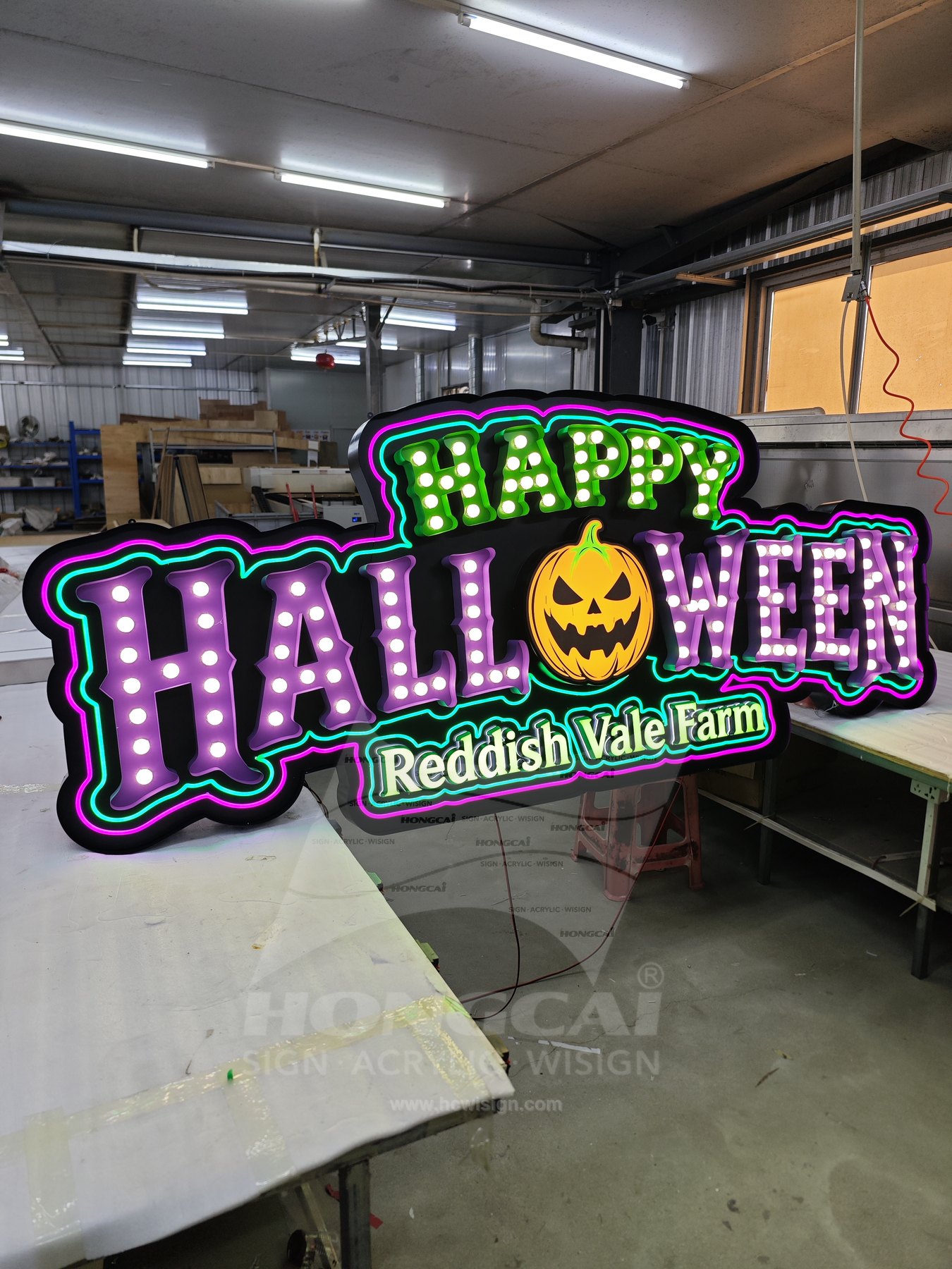 Reddish Valley Farm 万圣节灯泡招牌 — 现场安装与完成效果