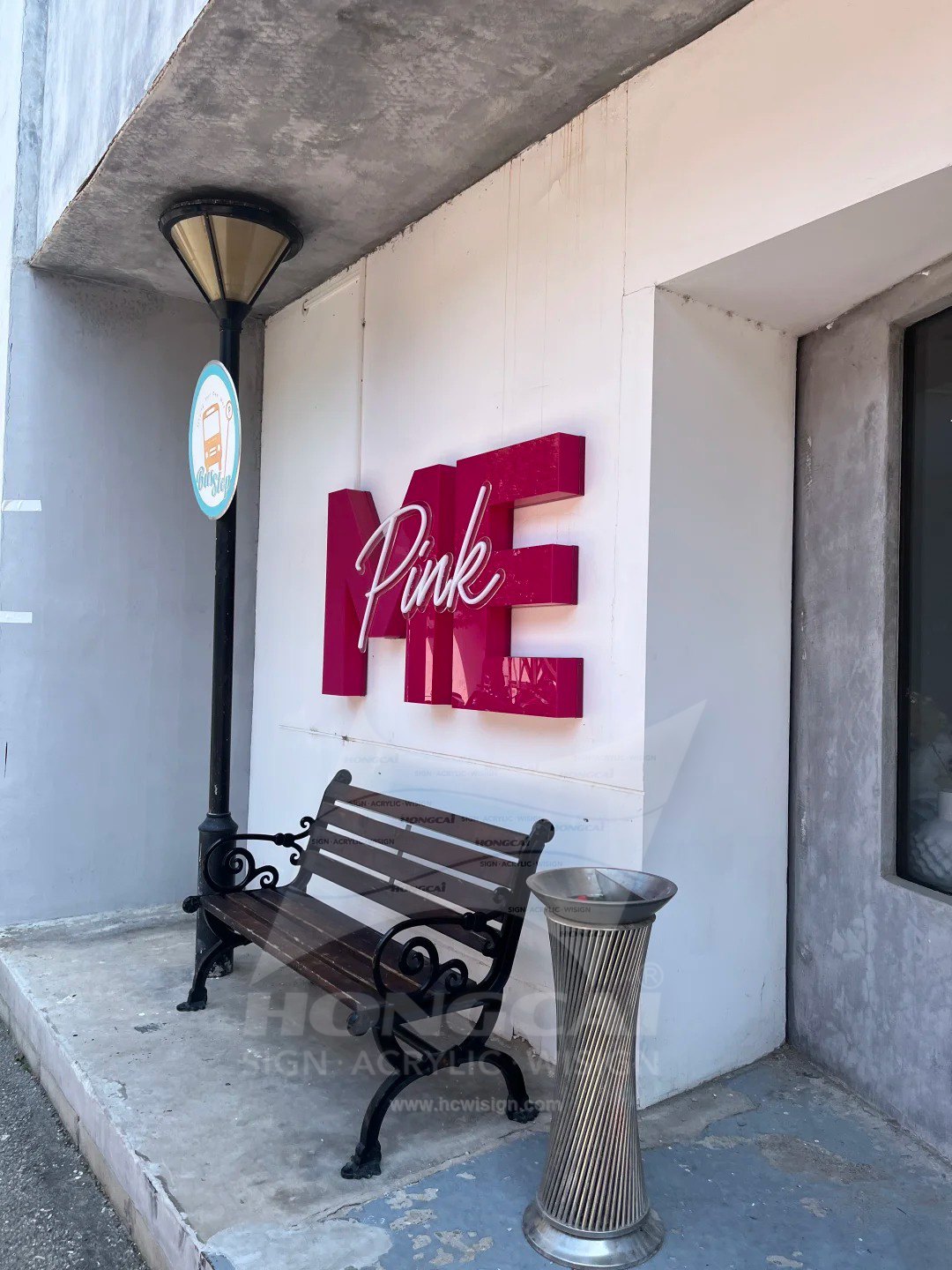 Pink Me Full-Body Acrylic Letters with CNC Script — Daylight installation of Pink Me on a white wall