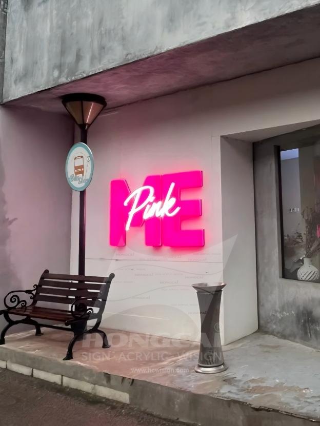Pink Me Full-Body Acrylic Letters with CNC Script — Pink Me full-body acrylic letters illuminated at night